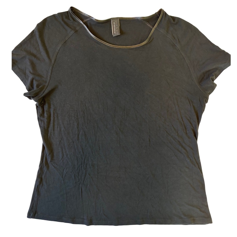 Hanro of Switzerland Womens Black Satin Trim Raglan Short Sleeve Jersey Top L